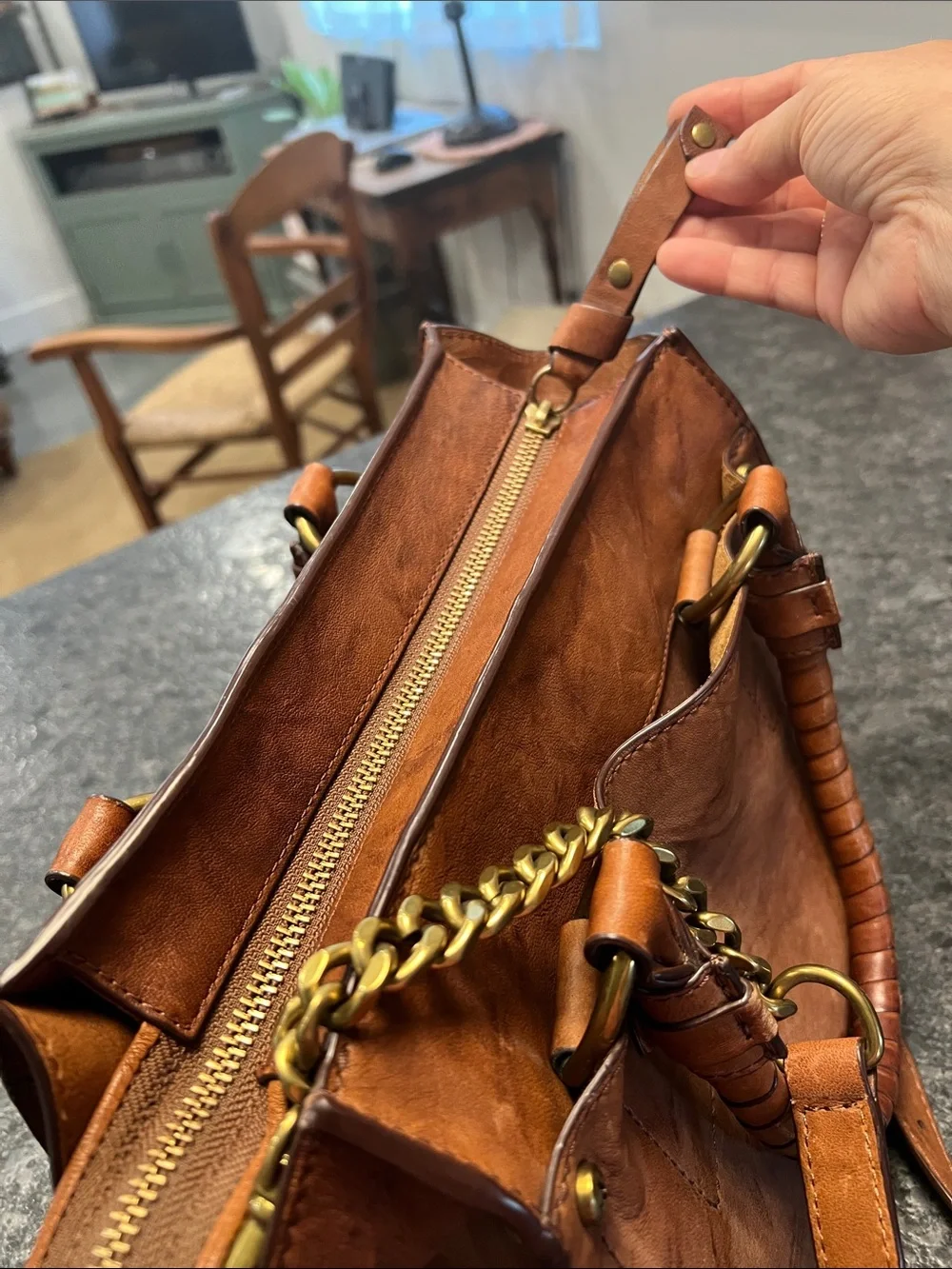 Frye Cognac Brown Leather Satchel with Chain-Leather Strap